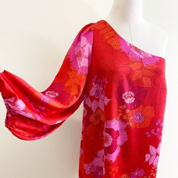 Trina Turk Red/Pink Floral Print One Shoulder Dress Women's Sz 14 100% Polyester - Picture 3 of 9